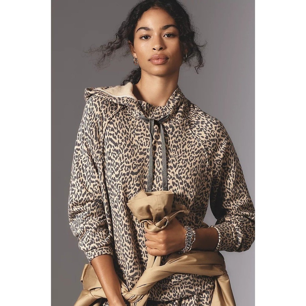 Anthropologie Daily Practice Leopard Drawstring Hoodie Womens XXS Tan Black $108